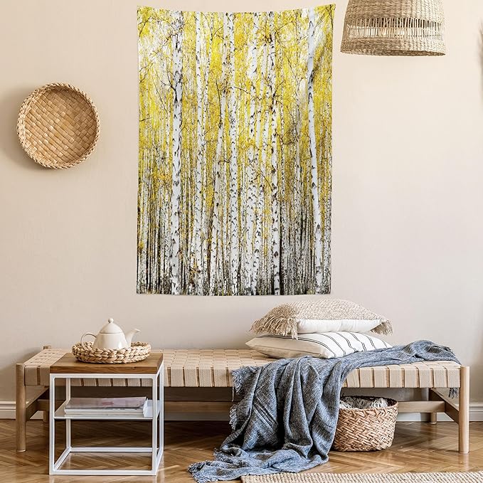 Ambesonne Forest Tapestry Queen Size, Autumn Birch Forest Golden Yellow Leaves Woodland October Seasonal Nature Picture, Wall Hanging Bedspread Bed Cover Wall Decor, 88" X 88", Yellow Grey