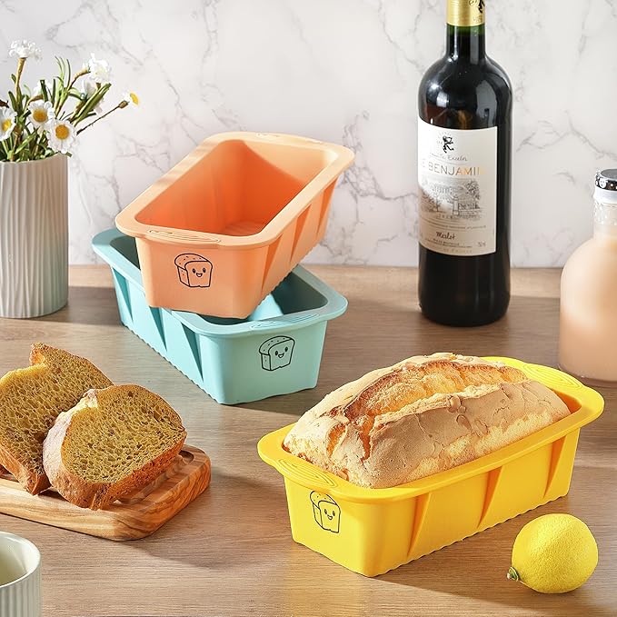 DAJLFA Silicone Bread Loaf Pan, 3 PCS Silicone Loaf Pans for Baking, Non Stick Bread Pans for Homemade Bread, Brownies, Cakes, Dishwasher Safe (3 Colors, Nesting Design)