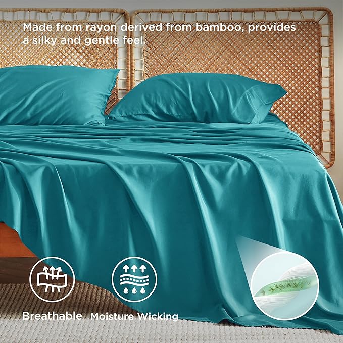Bedsure California King Sheet Sets, Cooling Sheets, Rayon Derived from Bamboo, Breathable & Soft, Deep Pocket Up to 16 Inches, Hotel Luxury Silky Bedding for Hot Sleepers, Turquoise