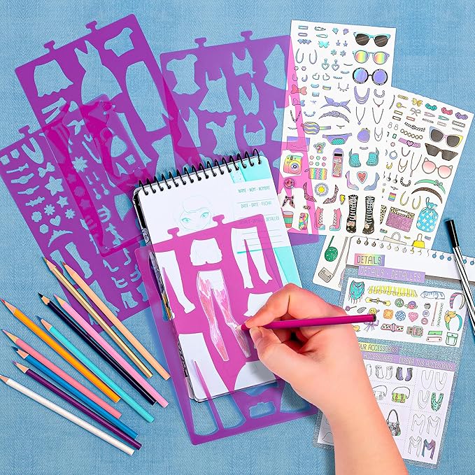 Fashion Angels Fashion Design Sketch Set - Compact Portfolio Sketchbook for Girls, Fashion Coloring Book for Kids Ages 6+, Includes Stencils & 100+ Stickers