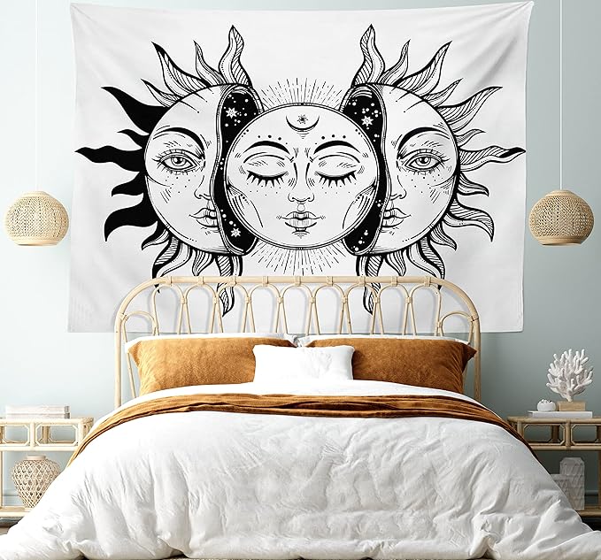 Ambesonne Moon Tapestry Twin Size, Monochrome Sun and Moon Pattern Oriental Image Culture Inspired Design Print, Wall Hanging Bedspread Bed Cover Wall Decor, 68" X 88", White Black