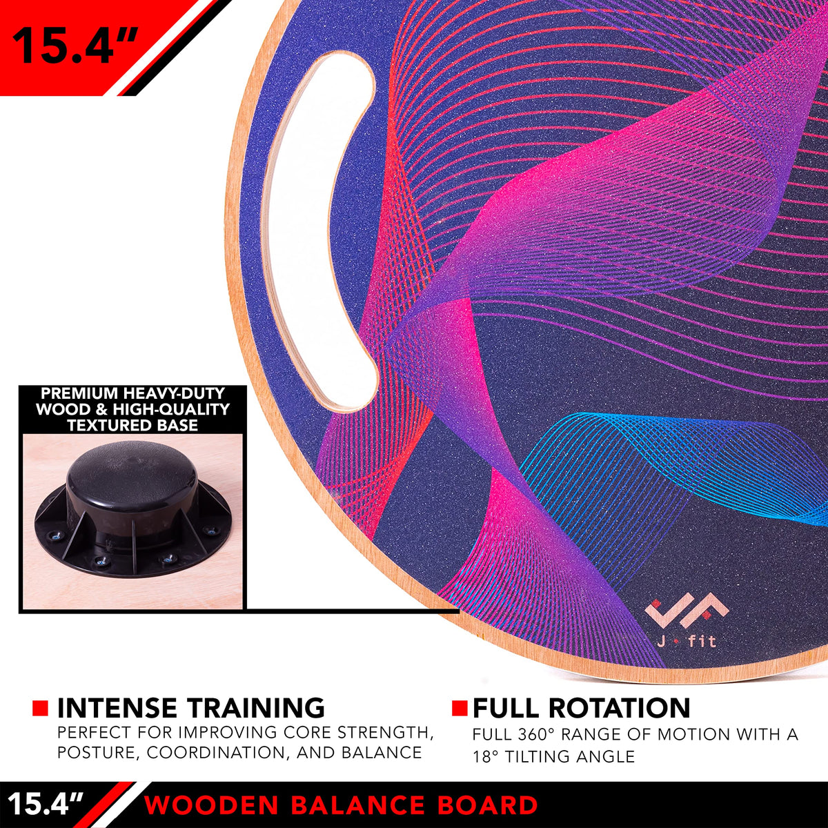 JFIT Wooden Balance Board, 15.75" Wobble Board for Balance, Coordination & Core Strength, Non-Slip Surface, Supports 300 lbs - Wave Design