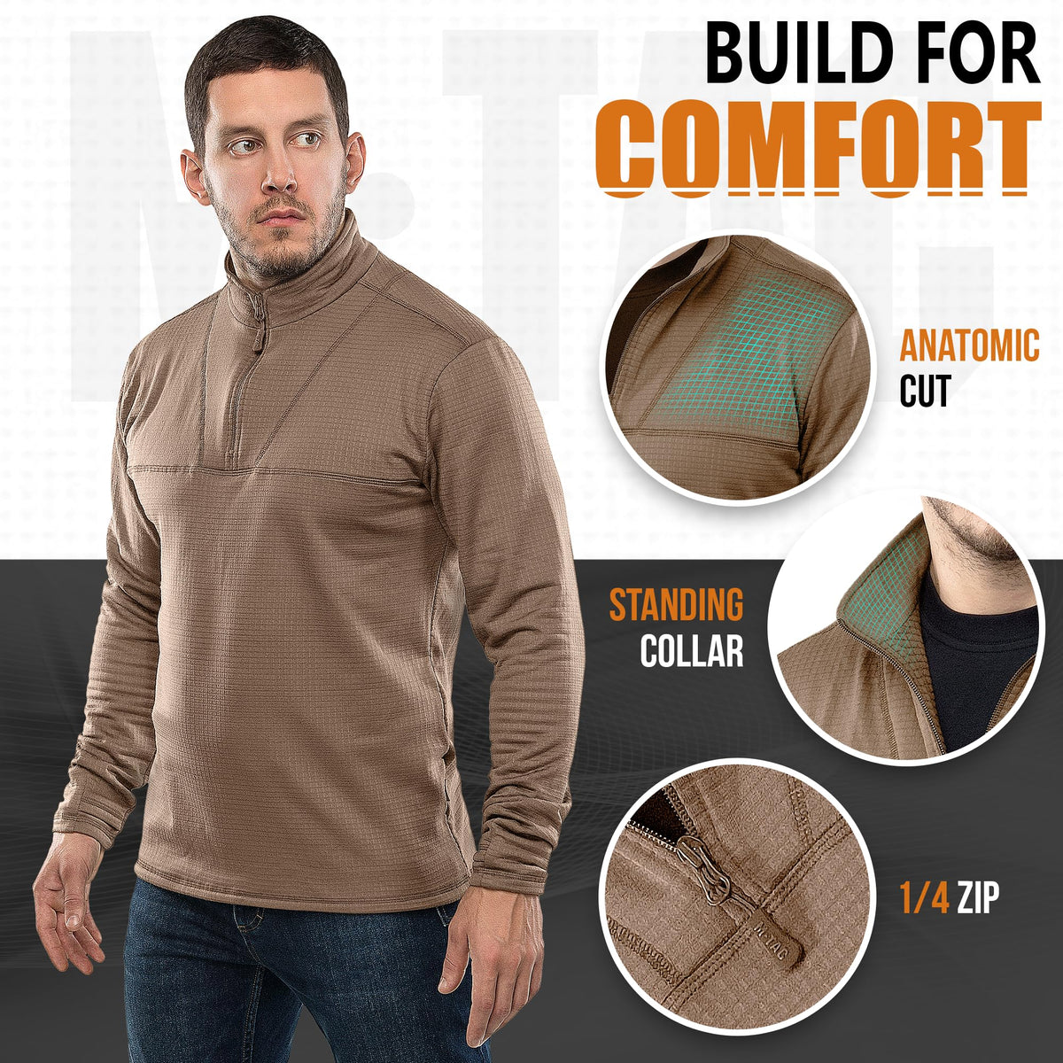 M-Tac Thermal Shirt for Men – Grid Fleece Lined Base Layer Compression Top for Cold Weather ECWCS Delta Level 2 Coyote Brown