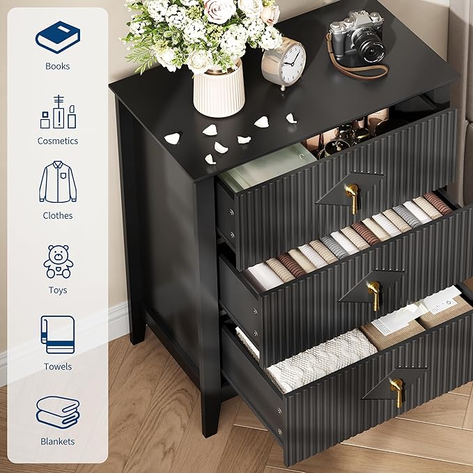 GarveeHome Wood Nightstand Fluted Dresser for Bedroom, 27.5" Wide 3-Drawer Bedside Tables, Modern Chest of Drawers, Storage End Table Living Room, Hallway, Entryway, Black