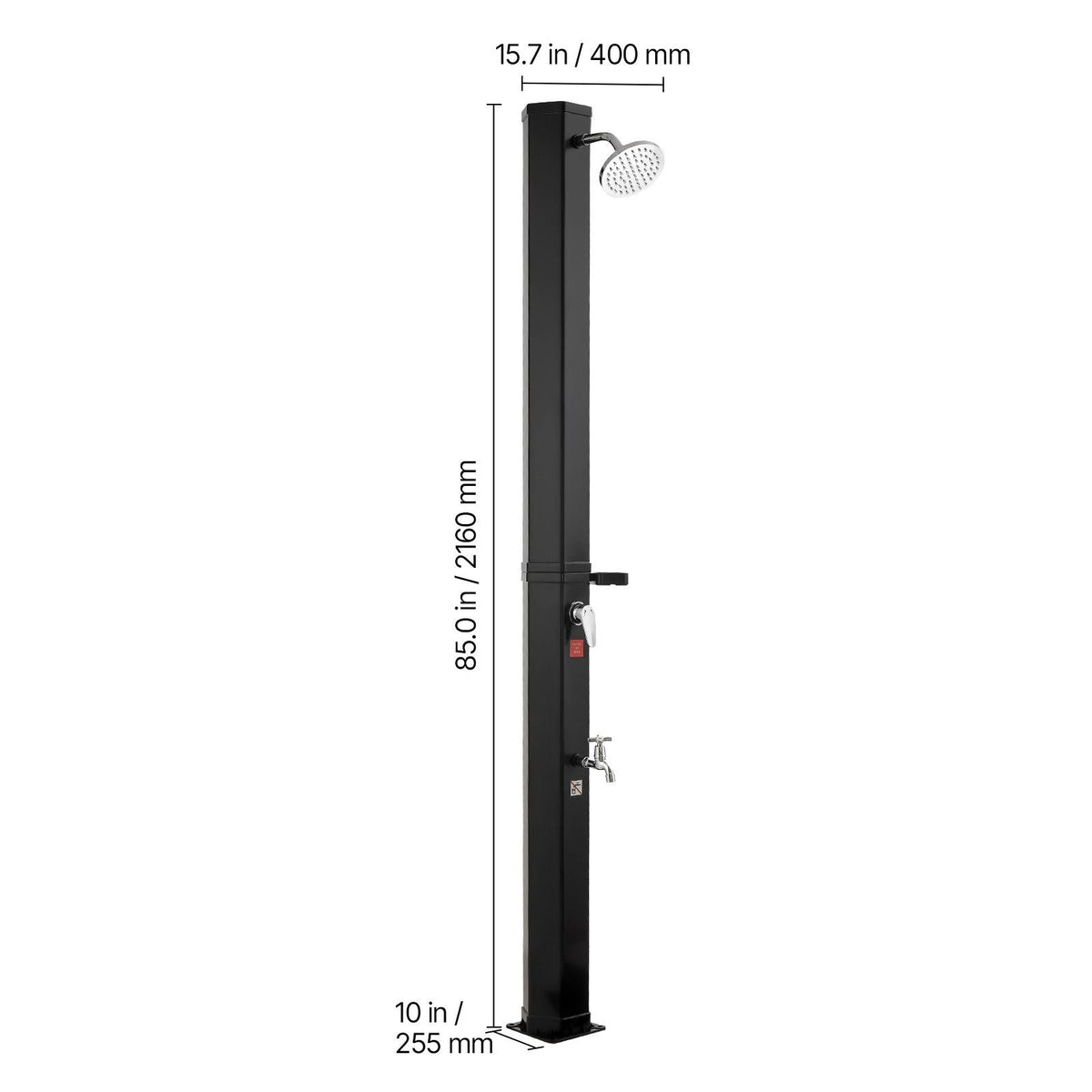 9.2 Gal Solar Heated Shower, 6.4ft Showerhead Height Outdoor Shower, with Foot Faucet & Soap Box Rack, Hot & Cold Water Adjustment, Freestanding for Backyard Poolside Beach Pool,Black