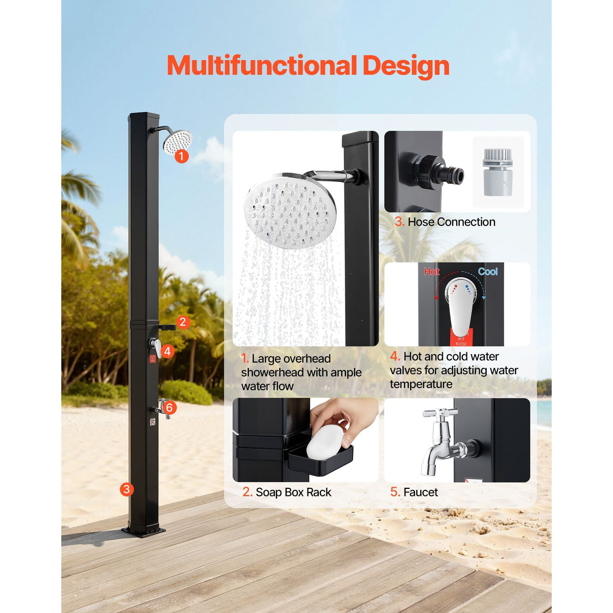 9.2 Gal Solar Heated Shower, 6.4ft Showerhead Height Outdoor Shower, with Foot Faucet & Soap Box Rack, Hot & Cold Water Adjustment, Freestanding for Backyard Poolside Beach Pool,Black