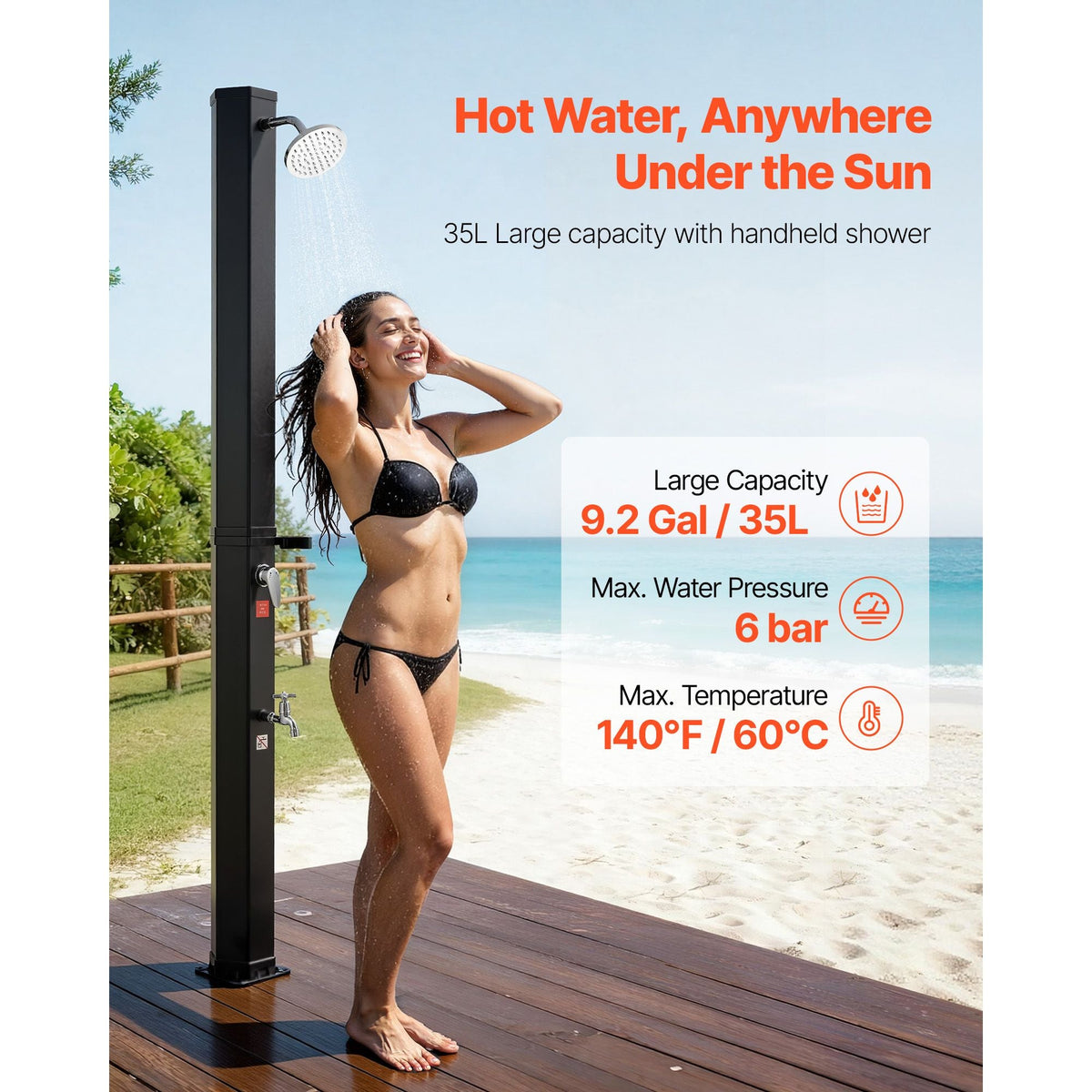 9.2 Gal Solar Heated Shower, 6.4ft Showerhead Height Outdoor Shower, with Foot Faucet & Soap Box Rack, Hot & Cold Water Adjustment, Freestanding for Backyard Poolside Beach Pool,Black