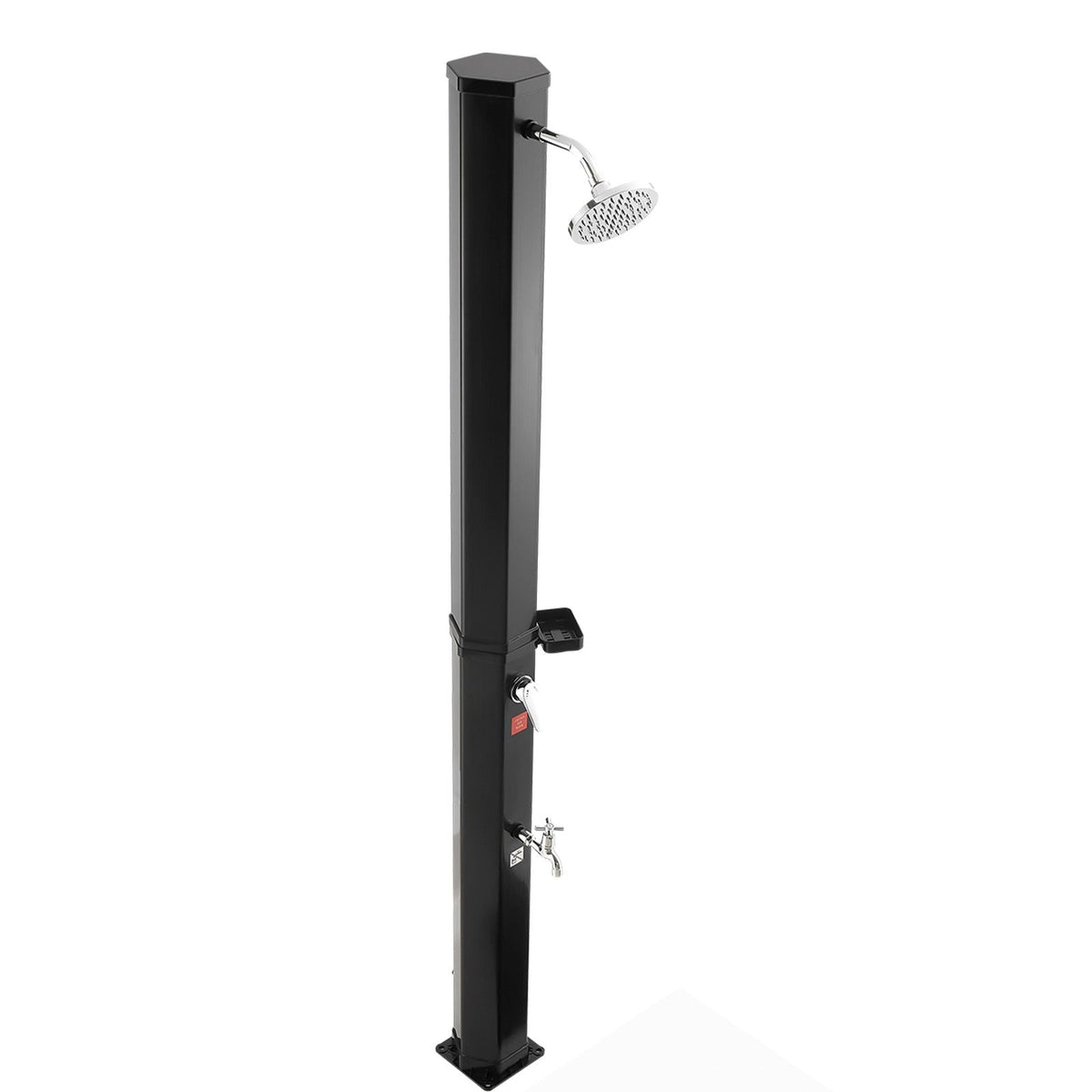 9.2 Gal Solar Heated Shower, 6.4ft Showerhead Height Outdoor Shower, with Foot Faucet & Soap Box Rack, Hot & Cold Water Adjustment, Freestanding for Backyard Poolside Beach Pool,Black