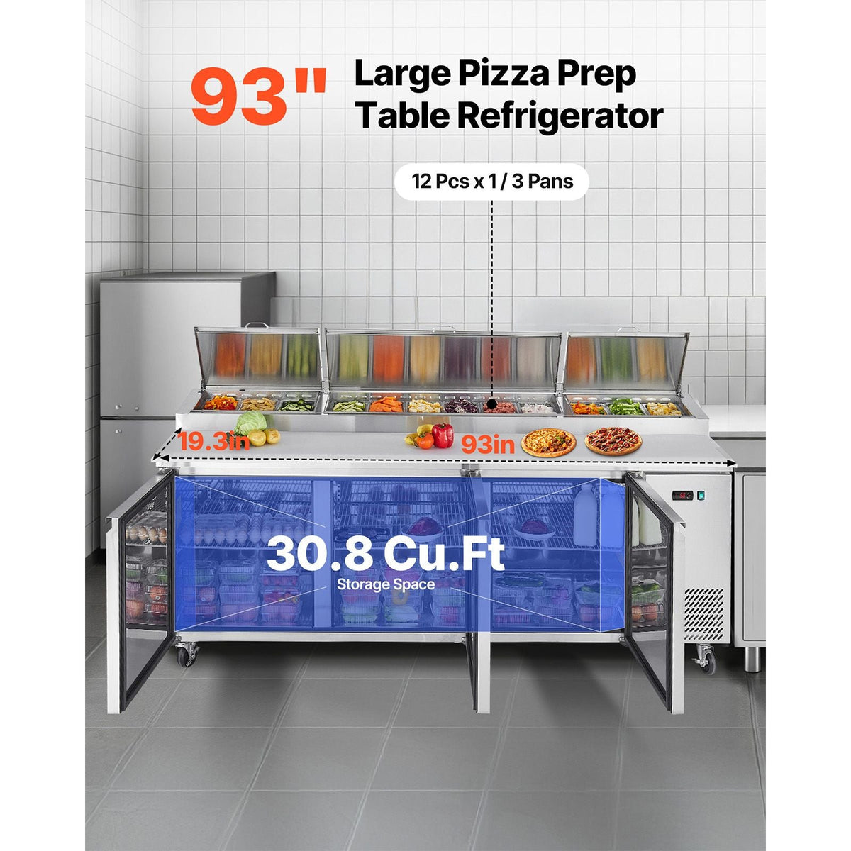 93"W Commercial Refrigerator, Pizza Prep Refrigerated Table, 20" Wide Countertop Food Prep Worktable, 30.8 Cu.Ft Single Door Salad Prep Fridge, 12 Pans Pizza Make Worktop with Cutting Board
