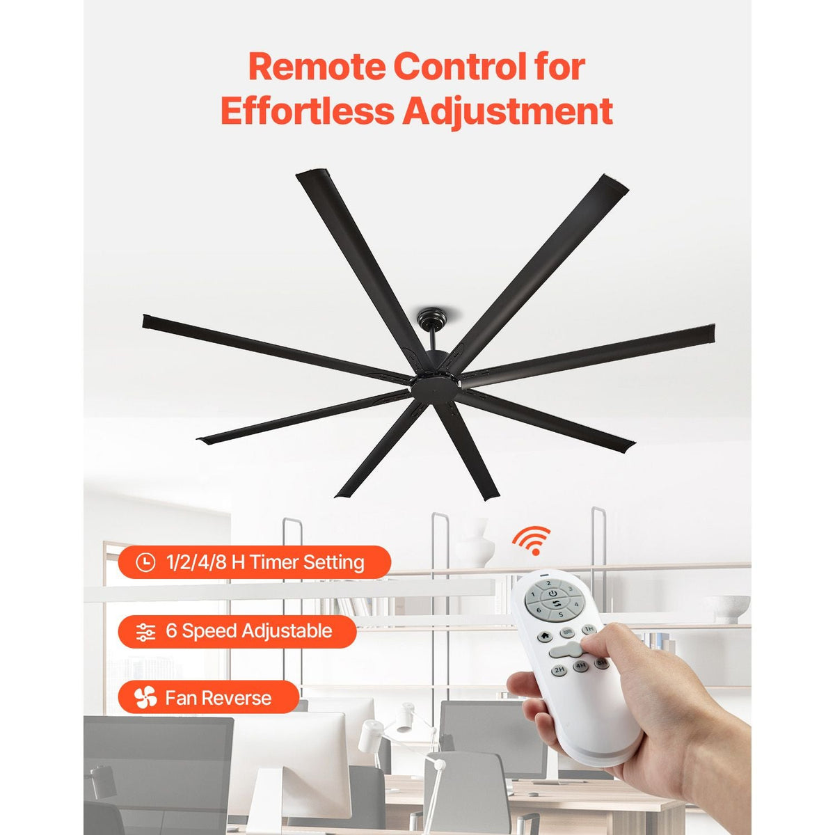 96 In Ceiling Fan without Light, 6-Speed Remote Control, Aluminum 8-Blade, Reversible DC Motor, Modern Low Profile Flush Mount Exterior Fan for Bedroom, Living Room, Patio, Indoor/Outdoor, Black