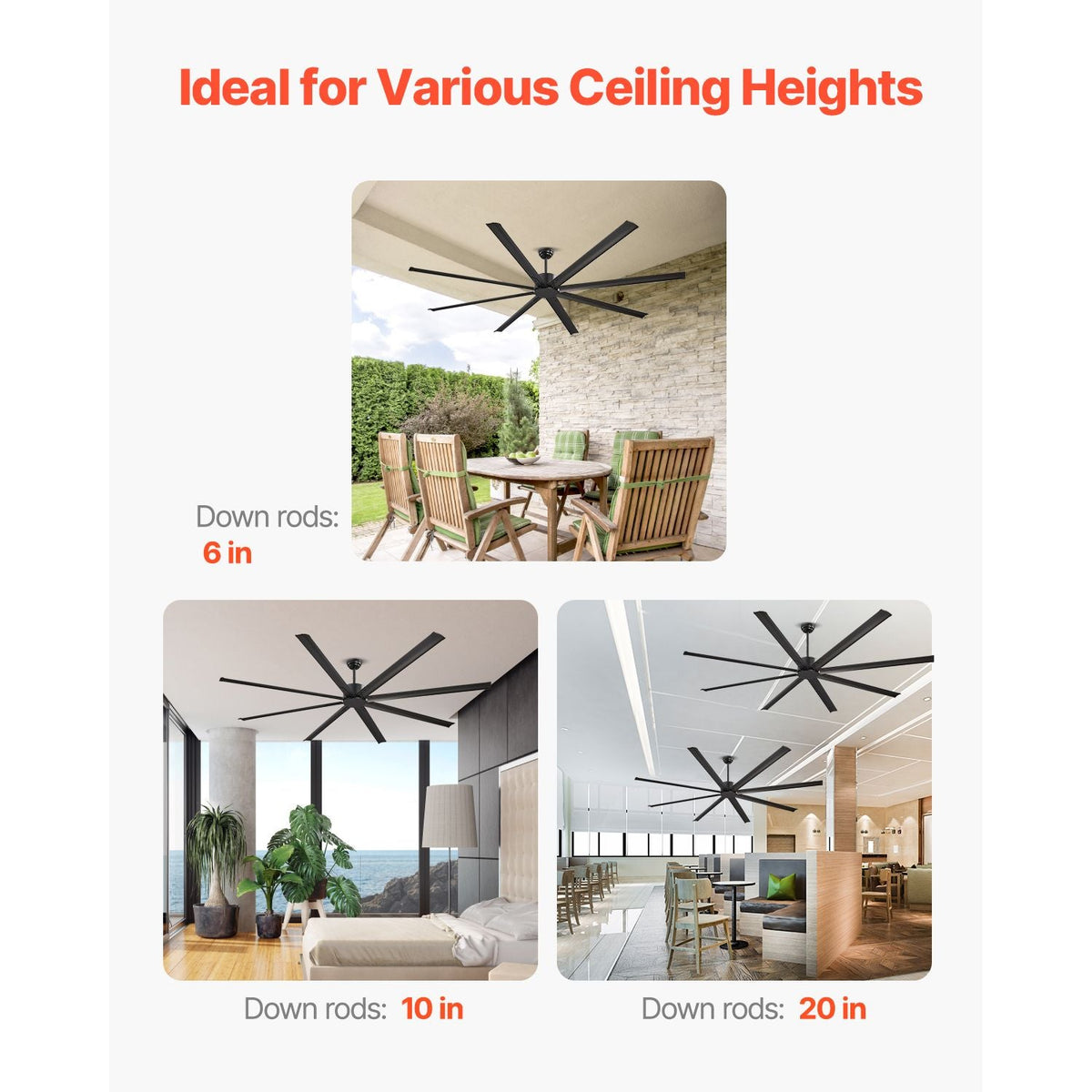 96 In Ceiling Fan without Light, 6-Speed Remote Control, Aluminum 8-Blade, Reversible DC Motor, Modern Low Profile Flush Mount Exterior Fan for Bedroom, Living Room, Patio, Indoor/Outdoor, Black