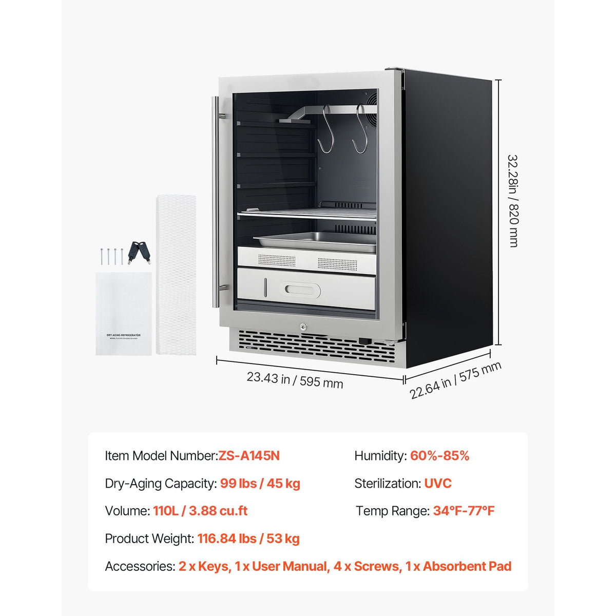 99 LBS Dry Aging Fridge for Steaks, Dry Ager Refrigerator for Meat with Precise Temperature & Humidity Control, Freestanding & Under Counter Beef Aging Machine for Home Kitchen Restaurant Hotel