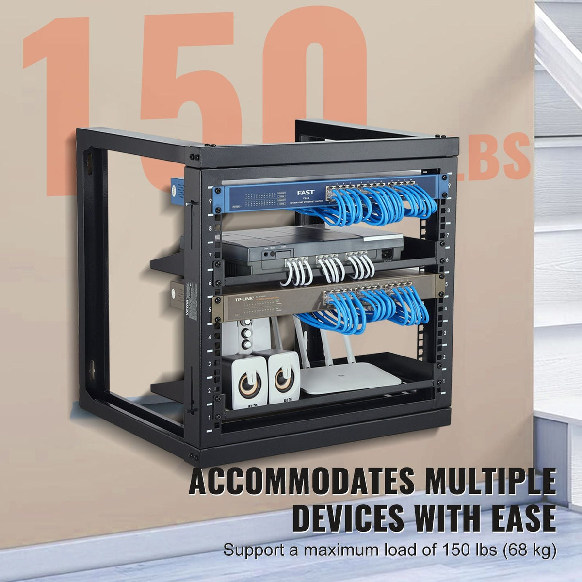 9U Wall Mount Rack, 150 lbs/68.04 kg Max Load Capacity, Open Frame Server Network Rack with Cage Nuts Screws, Carbon Steel 20.9 x 17.7 x 20.5" for 19"/482.6 mm AV & Server IT Equipment, Black