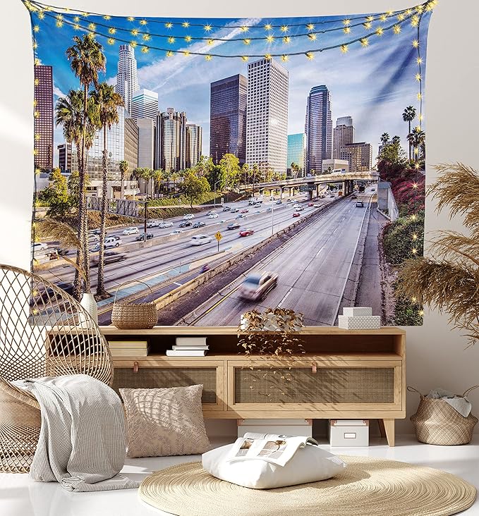 Ambesonne Travel Tapestry, Downtown Cityscape of Los Angeles California USA Avenue Buildings Palms Print, Fabric Wall Hanging Decor for Bedroom Living Room Dorm, 23" X 28", Blue Grey Green