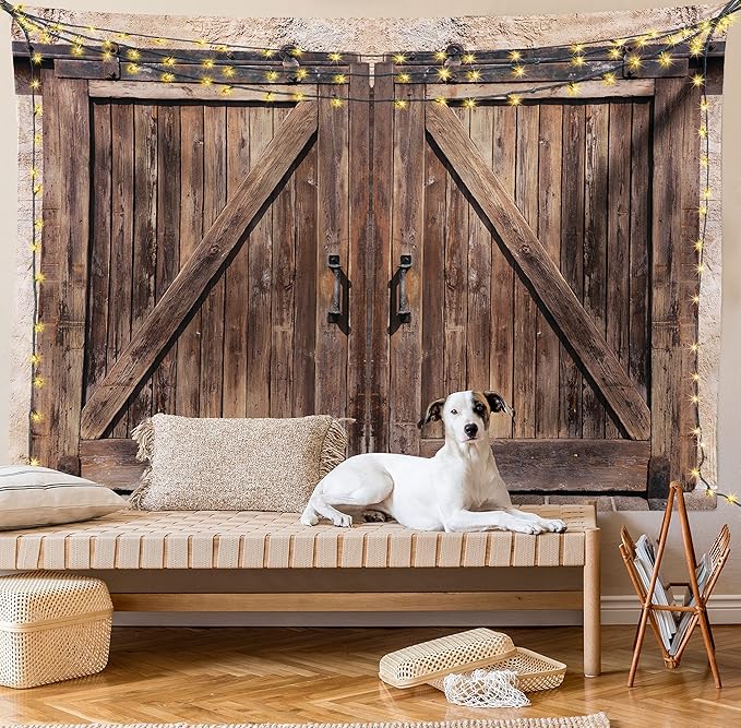 Ambesonne Rustic Tapestry, Wooden Barn Door in Stone Farmhouse Image Vintage Desgin Rural Art Architecture Print, Fabric Wall Hanging Decor for Bedroom Living Room Dorm, 45" X 30", Cream Brown