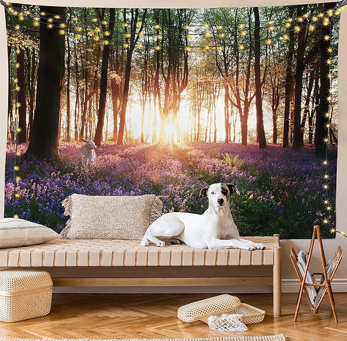Ambesonne Forest Tapestry, Bluebell Woods Sunrise with White Rabbit Sunny Spring Day in Woodland, Fabric Wall Hanging Decor for Bedroom Living Room Dorm, 23" X 28", Purple Green