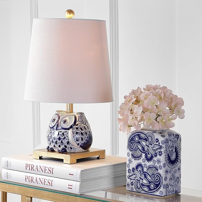 JONATHAN Y 16" Blue/White Ceramic Owl Mini Table Lamp for Bedroom or Office, Modern Farmhouse Nightstand Lamp with White Linen Shade, LED Bulb Included JYL3014A