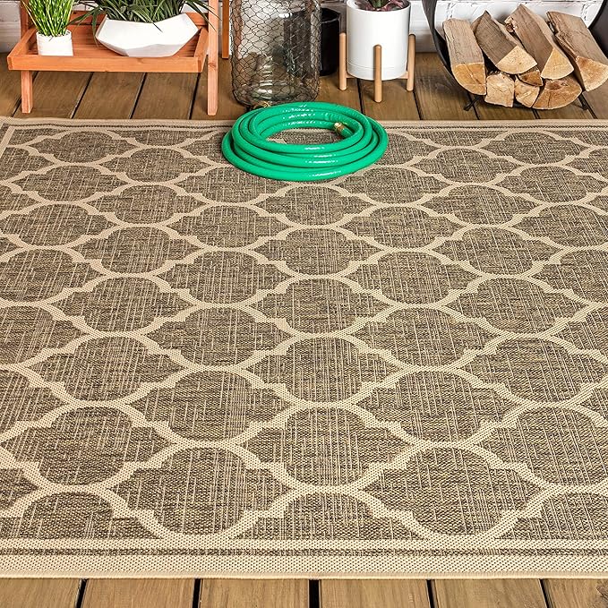 Eyely BMS109A-5 Santa Monica Trebol Moroccan Trellis Textured Weave Indoor/Outdoor Area Rug Coastal;Bohemian, Bedroom, Backyard, Patio, Easy-Cleaning, Non-Shedding, 5 X 8, Brown/Beige