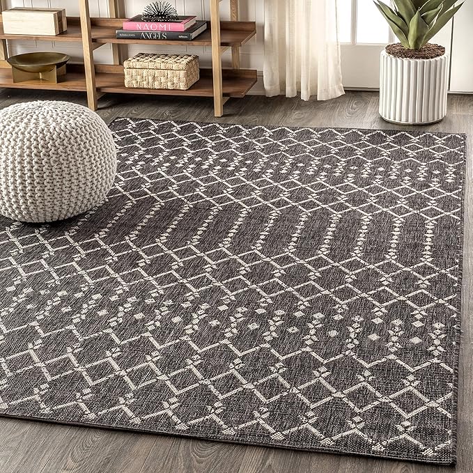 JONATHAN Y Moroccan Geometric Indoor Outdoor Area Rug 8X10 Black/Gray, Ourika Textured Weave for Backyard, Patio, Porch, Easy-Cleaning, High Traffic, Pet-Friendly, Non-Shedding (SMB108F-8)