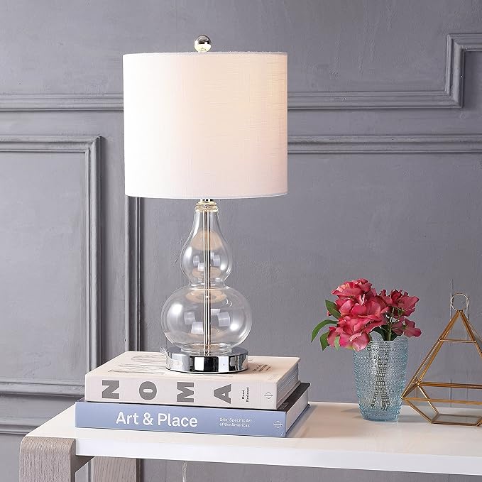 JONATHAN Y 20.5" Clear Glass Table Lamp, Modern Gourd Bedside Nightstand Lamp for Bedroom, Living Room, White Linen Shade, LED Bulb Included (JYL1028E)