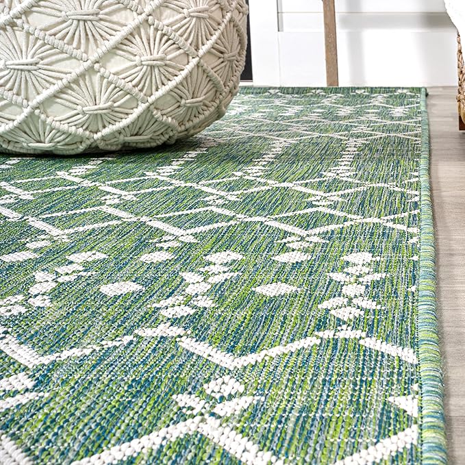 JONATHAN Y SMB108L-210 Ourika Moroccan Geometric Textured Weave Indoor Outdoor Runner Rug, Bohemian, Rustic, Scandinavian Easy-Cleaning,Bedroom,Kitchen,Backyard,Patio,Non Shedding, Ivory/Green, 2 X 10