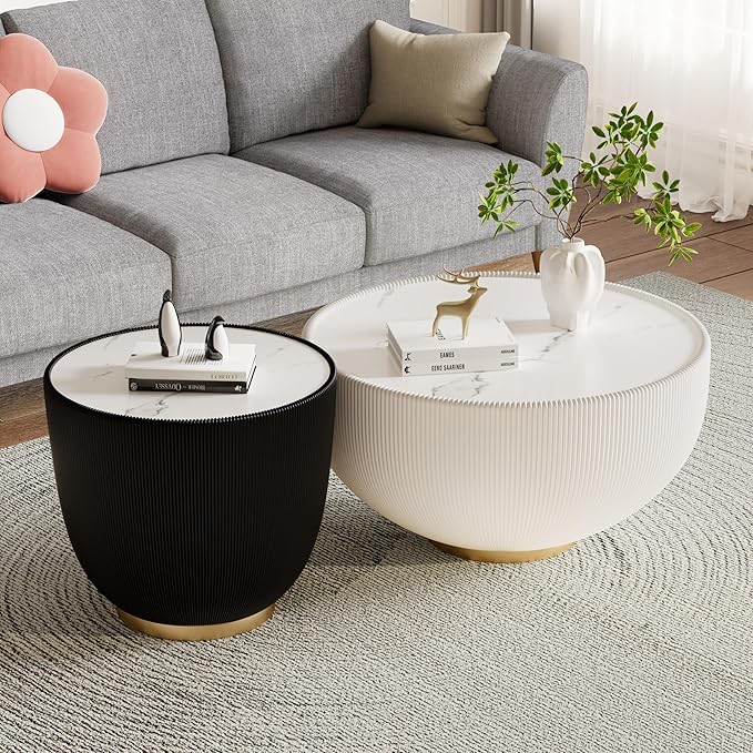 Round Coffee Table Set with Sintered Stone Tabletop, 27.56" White Drum Center Table and 19.69" Black Coffee Table Set, 2 Pieces Living Room Table Set with Fluted PU Leather Cover& Metal Base