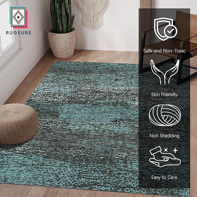RUGSURE Washable Area Rug - 1/6 Thick - Stain & Water Resistant Non-Slip - Resistant Rug for Living Room, Bedroom, Nursery, Pet & Child Friendly, Vintage Charm Area Rugs (Green, 4' x 6')