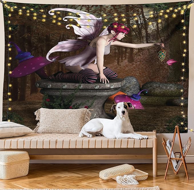 Ambesonne Tale Tapestry, Dimensional Mythical Creature Design Artifact on Pedestal Forest Print, Wall Hanging for Bedroom Living Room Dorm Decor, 40" X 60", Red Purple Grey