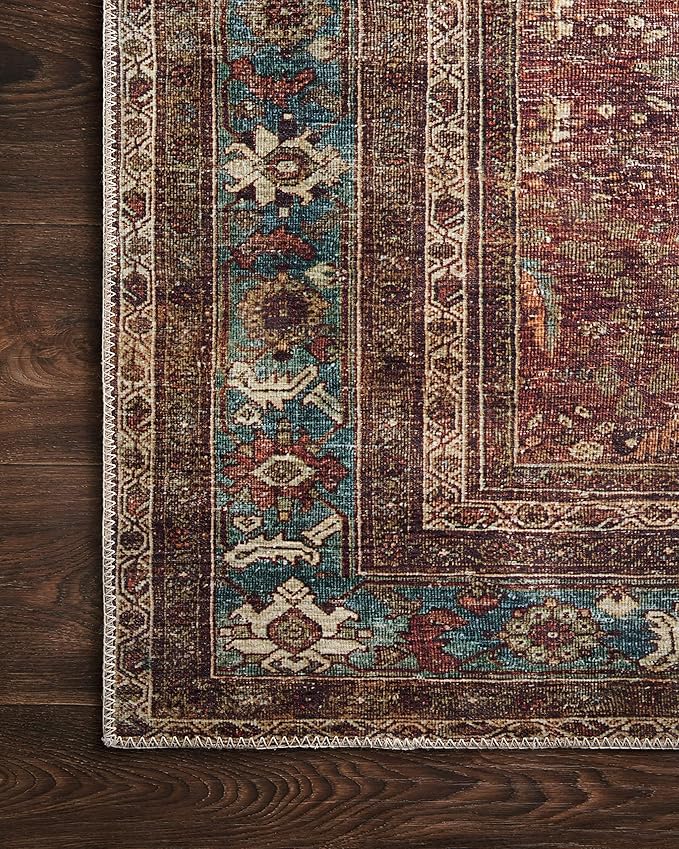 Loloi Layla Collection LAY-01 Brick/Blue 2'-0" x 5'-0" .13" Thick Accent Rug, Soft, Durable, Vintage Inspired, Distressed, Low Pile, Non-Shedding, Easy Clean, Printed, Living Room Rug