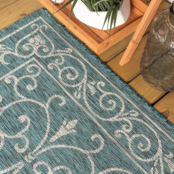 JONATHAN Y SMB106F-8R Charleston Vintage Filigree Textured Weave Teal/Gray 8' Round Indoor/Outdoor Area Rug, Pet Friendly, Non-Shedding, Stain Resistant, Easy-Cleaning for Backyard, Patio, Porch
