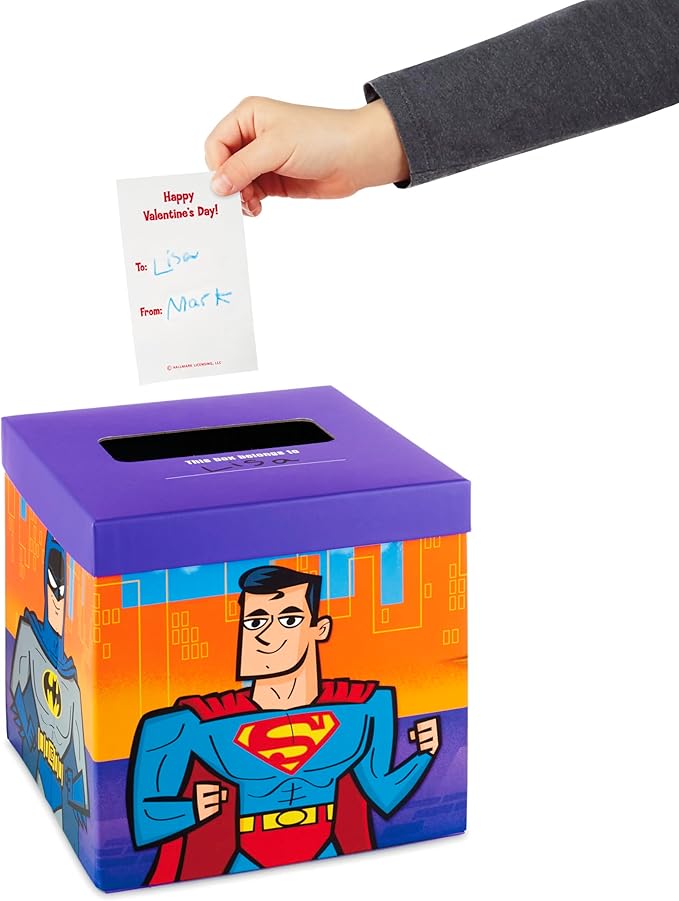 Hallmark Justice League Valentines Day Cards and Mailbox for Kids School Classroom Exchange (1 Box, 32 Valentine Cards, 35 Stickers, 1 Teacher Card)