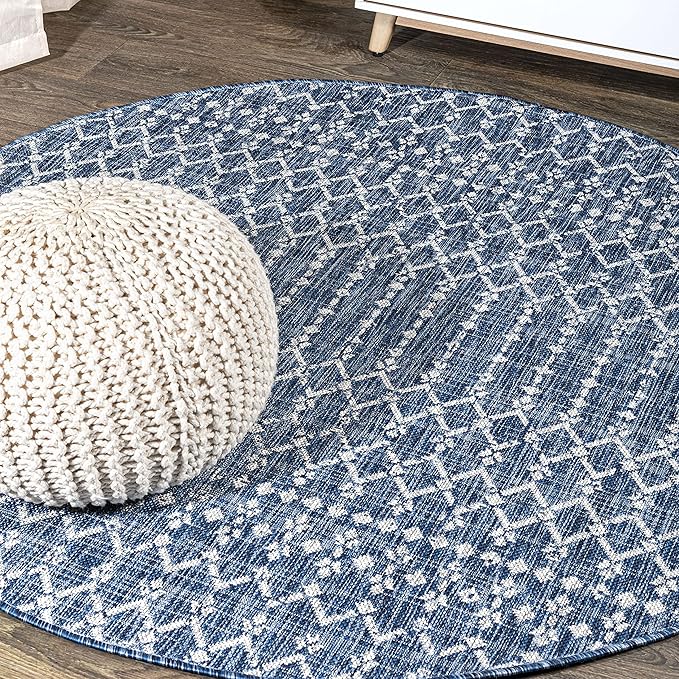 JONATHAN Y SMB108B-9R Ourika Moroccan Geometric Textured Weave Indoor/Outdoor Area Rug, Bohemian, Scandinavian for Bedroom, Kitchen, Living Room, Easy-Cleaning, Navy/Light Gray, 9' Round