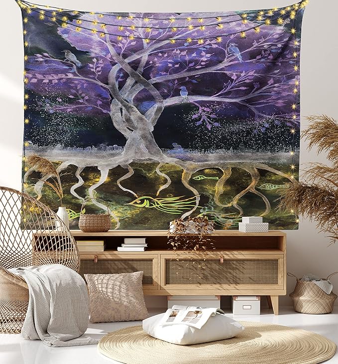Ambesonne Tree of Life Tapestry King Size, Psychedelic Mysterious Nature at Night Birds and Fishes Home Art, Wall Hanging Bedspread Bed Cover Wall Decor, 104" X 88", Purple Black