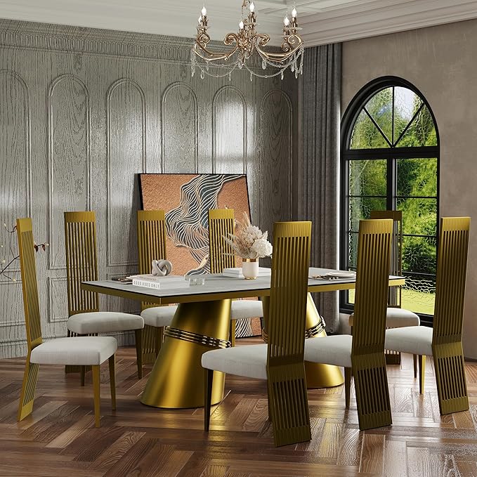 Gold Dining Chairs Set of 4, White Boucle Dining Chairs with Brushed Gold Stainless Steel Backrest and Legs, Modern Elegant Upholstered Dining Room Chairs for Dining Room Kitchen Restaurant