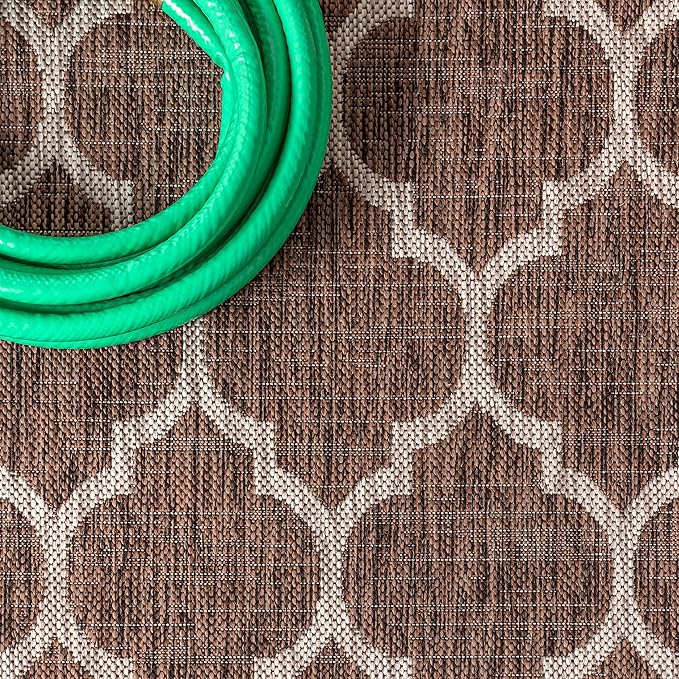 Eyely BMS109B-3R Santa Monica Trebol Moroccan Trellis Textured Weave, Pet Friendly, Non-Shedding, Stain Resistant, Easy-Cleaning, Espresso/Taupe, 3' Round, Indoor/Outdoor, Area Rug