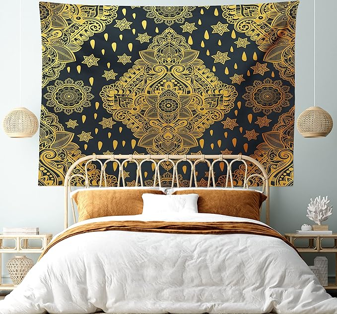 Ambesonne Mandala Tapestry, Bohemian Paisley Ornament Tattoo Vintage Design Print, Fabric Wall Hanging Decor for Bedroom Living Room Dorm, 23" X 28", Charcoal Grey