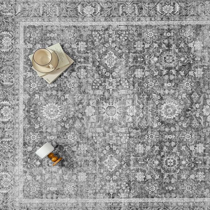 Blue 6x9 Area Rug Non Slip Vintage Living Room Distressed Machine Washable Carpet Retro Indoor Bedroom Traditional Floral Accent Throw Rug for Office Kitchen Dorm Dining Room