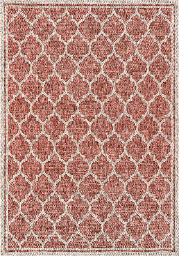 Eyely BMS109C-8 Santa Monica Trebol Moroccan Trellis Textured Weave Indoor/Outdoor Area Rug Coastal;Bohemian, Bedroom, Backyard, Patio, Easy-Cleaning, Non-Shedding, 8 X 10, Red/Beige