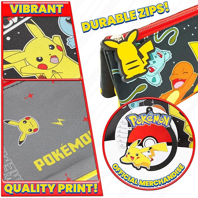 Pokemon Pencil Case for Boys and Girls Stationery Three Compartments Pencil Pouch School Supplies Stationary Pikachu Anime Gifts for Kids