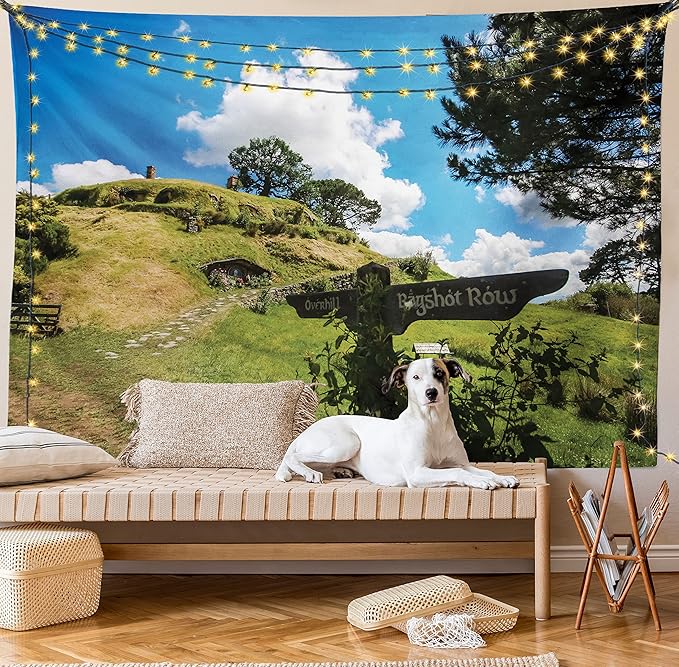 Ambesonne Hobbits Tapestry, Overhill Hobbit Village in Matamata New Zealand Fantasy Scene House Image Print, Fabric Wall Hanging Decor for Bedroom Living Room Dorm, 28" X 23", Green Blue