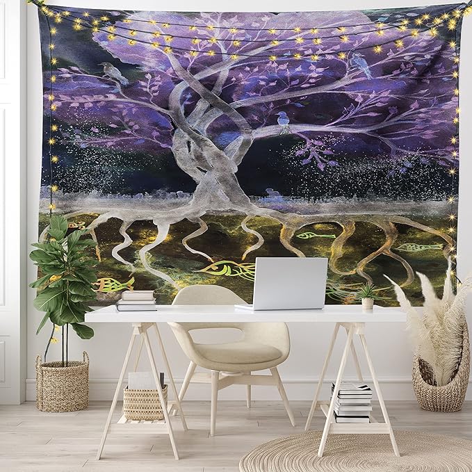 Ambesonne Tree of Life Tapestry King Size, Psychedelic Mysterious Nature at Night Birds and Fishes Home Art, Wall Hanging Bedspread Bed Cover Wall Decor, 104" X 88", Purple Black