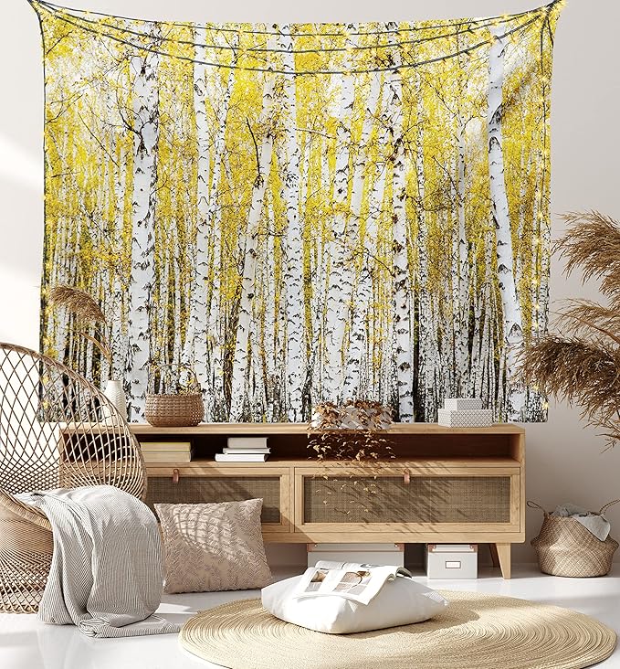 Ambesonne Forest Tapestry King Size, Autumn Birch Forest Golden Yellow Leaves Woodland October Seasonal Nature Picture, Wall Hanging Bedspread Bed Cover Wall Decor, 104" X 88", Yellow Grey