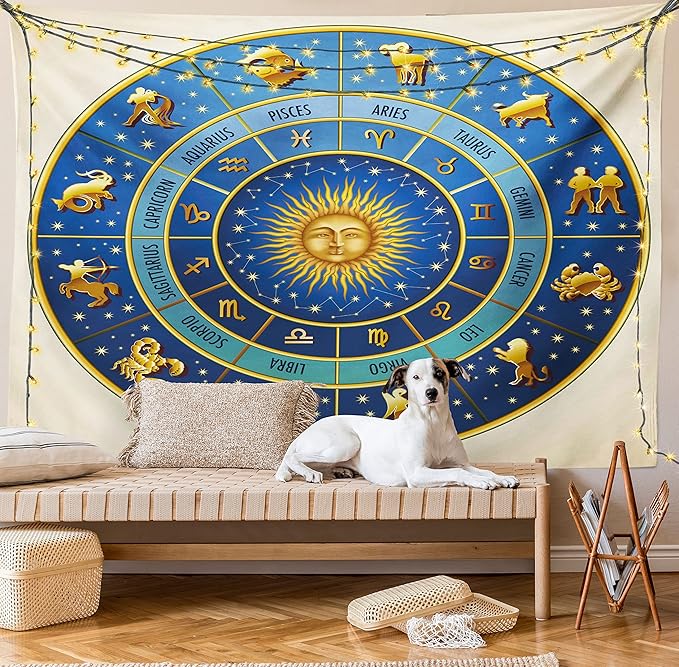 Ambesonne Astrology Tapestry Twin Size, Wheel of Astrological Signs Names Dates Moon Sun in Middle, Wall Hanging Bedspread Bed Cover Wall Decor, Twin Size, Blue Yellow and Cream