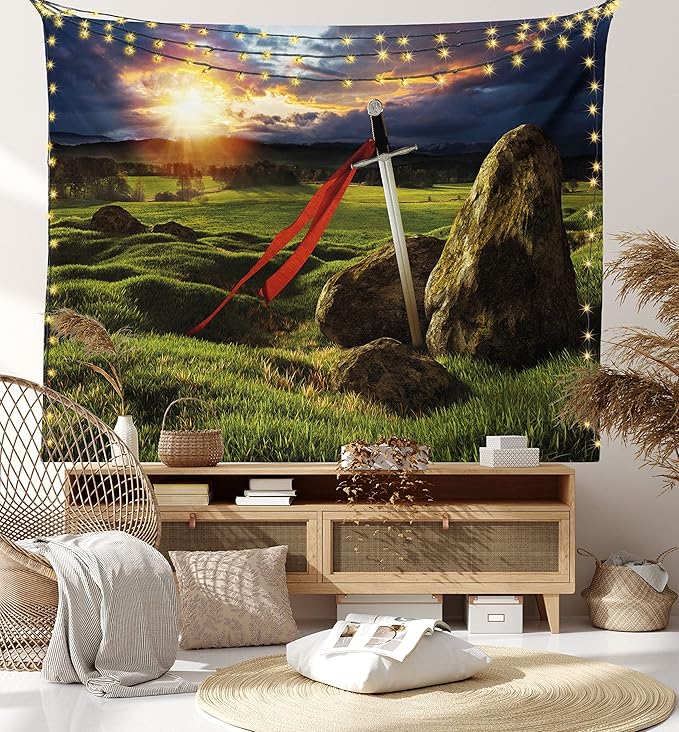 Ambesonne King Tapestry King Size, Arthur Camelot Myth in England Ireland Fields Invincible Myth Image, Wall Hanging Bedspread Bed Cover Wall Decor, 104" X 88", Green Blue Red
