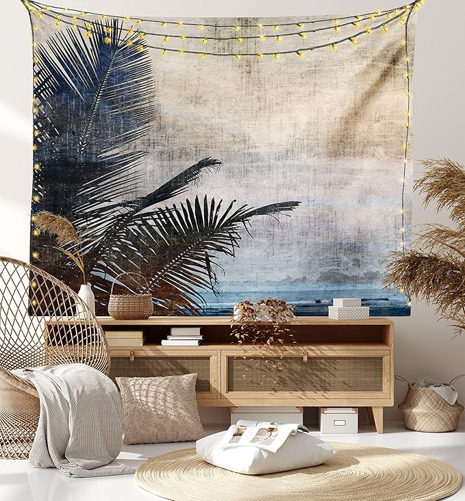 Ambesonne Hawaiian Tapestry King Size, Palm Tree Leaves on Grunge Background with Sea Vintage Waterscape Illustration, Wall Hanging Bedspread Bed Cover Wall Decor, 104" X 88", Beige Indigo