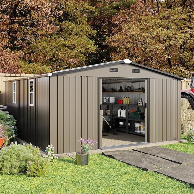 10x12 FT Outdoor Storage Shed, Large Metal Garden Shed with 2 Windows, Outside Tool Sheds with Lockable Sliding Doors, Waterproof Storage Building with 4 Air Vents for Backyard, Patio, Lawn, Brown