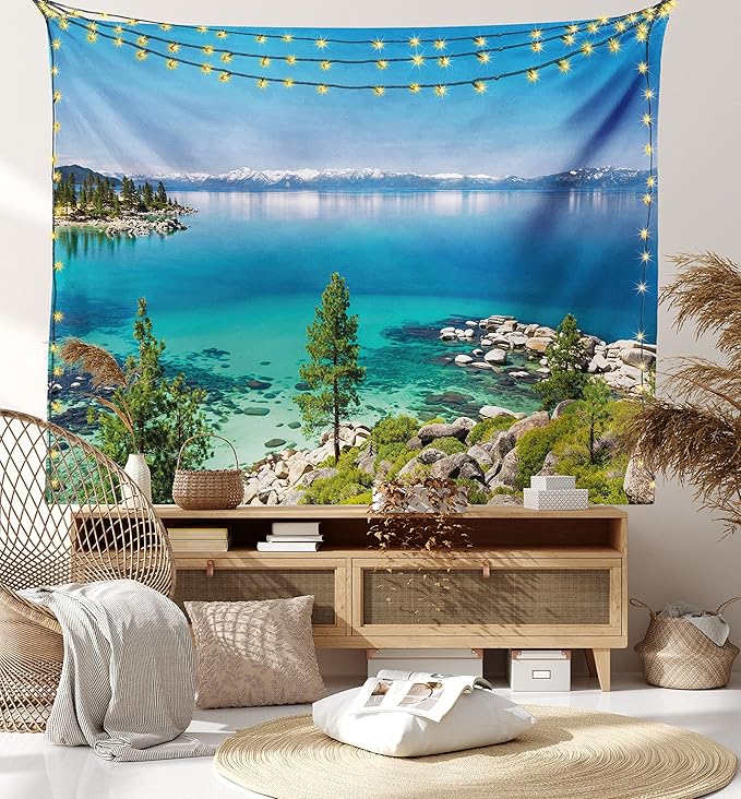 Ambesonne Blue Tapestry Twin Size, Tranquil View of Lake Tahoe Sierra Pines on Rocks with Turquoise Waters Shoreline, Wall Hanging Bedspread Bed Cover Wall Decor, 68" X 88", Blue Grey Green