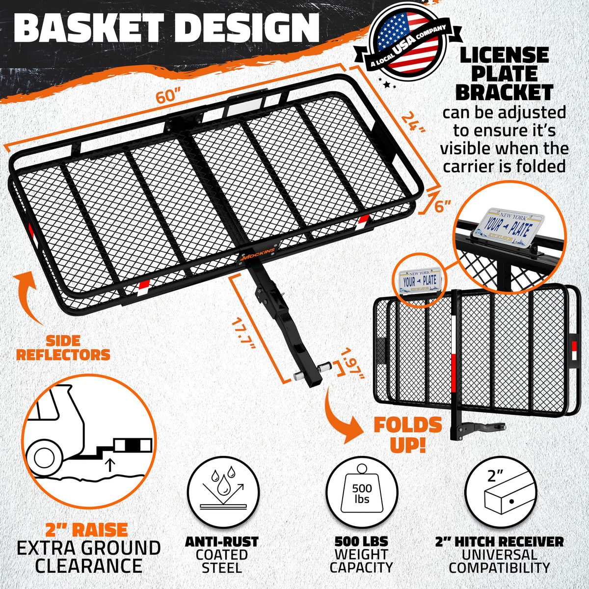 Mockins 60"x24"x6" Heavy Duty Trailer Hitch Cargo Carrier w/ 500 Lbs. Cap