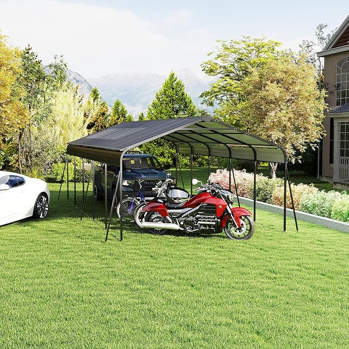 13x26.5 FT Metal Carport, Heavy Duty Car Port Canopy with Galvanized Steel Roof & Frame, Oversized Metal Carport Kit with Hooks, Steel Car Shelter, Outdoor 2 Car Garage for Car, Boat, Truck, Dark Gray