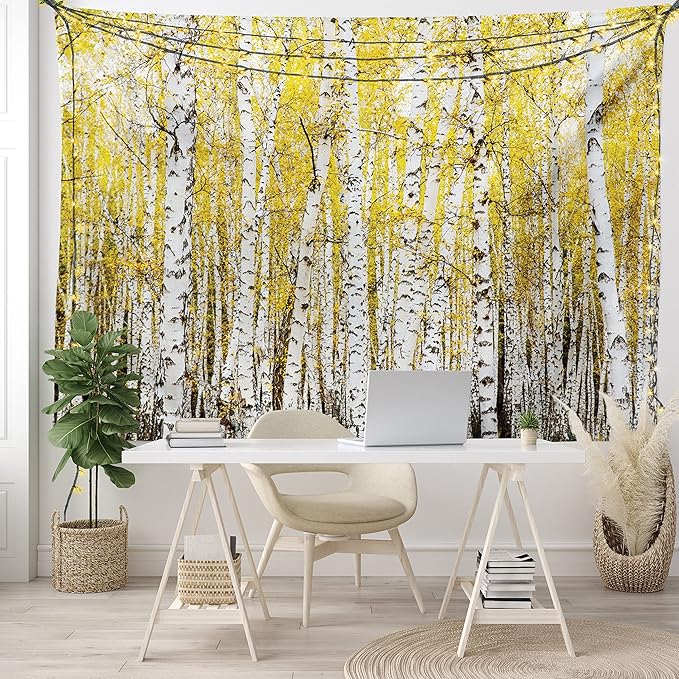 Ambesonne Forest Tapestry King Size, Autumn Birch Forest Golden Yellow Leaves Woodland October Seasonal Nature Picture, Wall Hanging Bedspread Bed Cover Wall Decor, 104" X 88", Yellow Grey